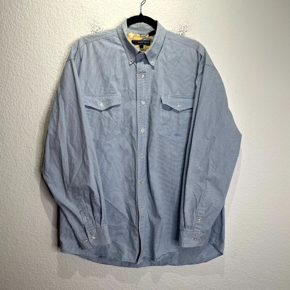 Roper Shirt Mens Large Blue White Micro Gingham Cotton Button Down Casual‎ Wear